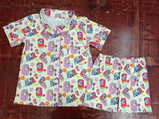 Preorder moq 5 Baby Boys Short Sleeves Button Pocket Cartoon Dogs Top Short Pajamas Set