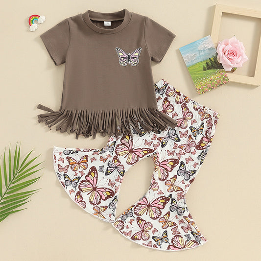 Baby Girls Butterfly Shirt Top Bell Bottom Pants Clothing Sets Preorder(moq 5)