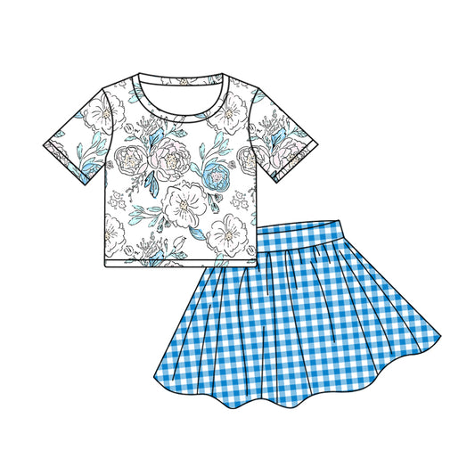 Preorder(moq 5)Baby Girls Blue Flowers Tee Shirt Checkered Skirts Clothes Sets