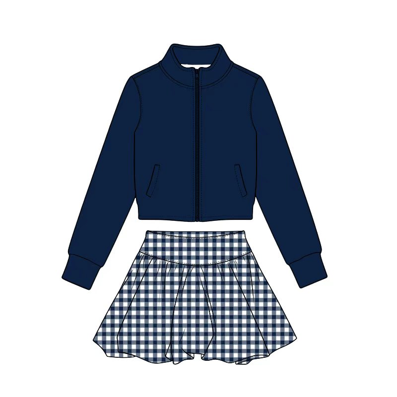 Preorder (moq 5) Baby Girl Clothes Solid Navy Plain Print Long Sleeve Zip Jacket Gingham Skirt Yoga Outfit Set