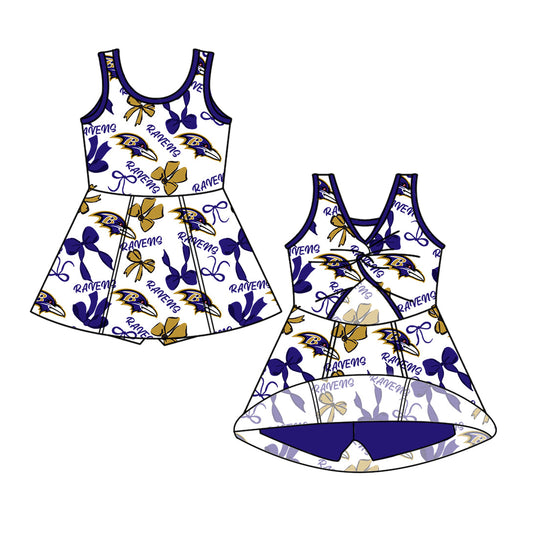 Preorder (moq 5)Baby Girls Hot Blue Sleeveless Ravens Bows Shorts Team Knee Length Dresses