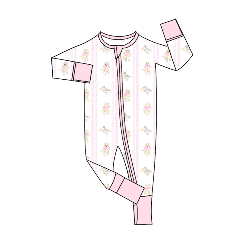 Preorder (moq 20)Baby Girls Bamboo Hearts Dogs Ducks Stripe Zipper Footie Rompers