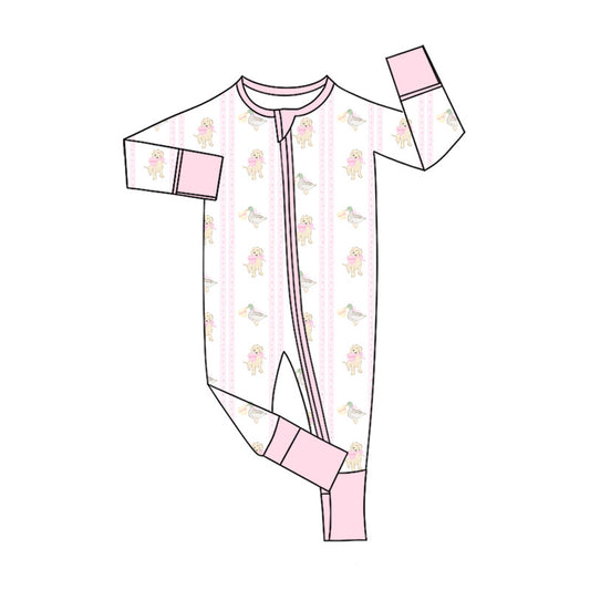 Preorder (moq 20)Baby Girls Bamboo Hearts Dogs Ducks Stripe Zipper Footie Rompers