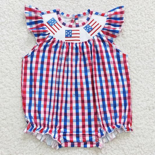 Baby Girls 4th Of July American Flag Gingham Smocked Rompers