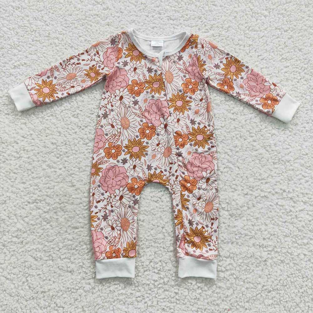 Baby Infant Orange Floral Zip Rompers