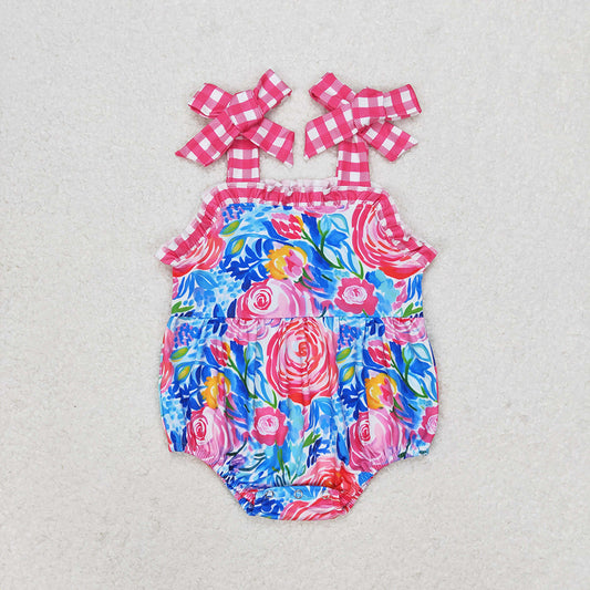 Baby Infant Girls Blue Pink Flowers Straps Rompers