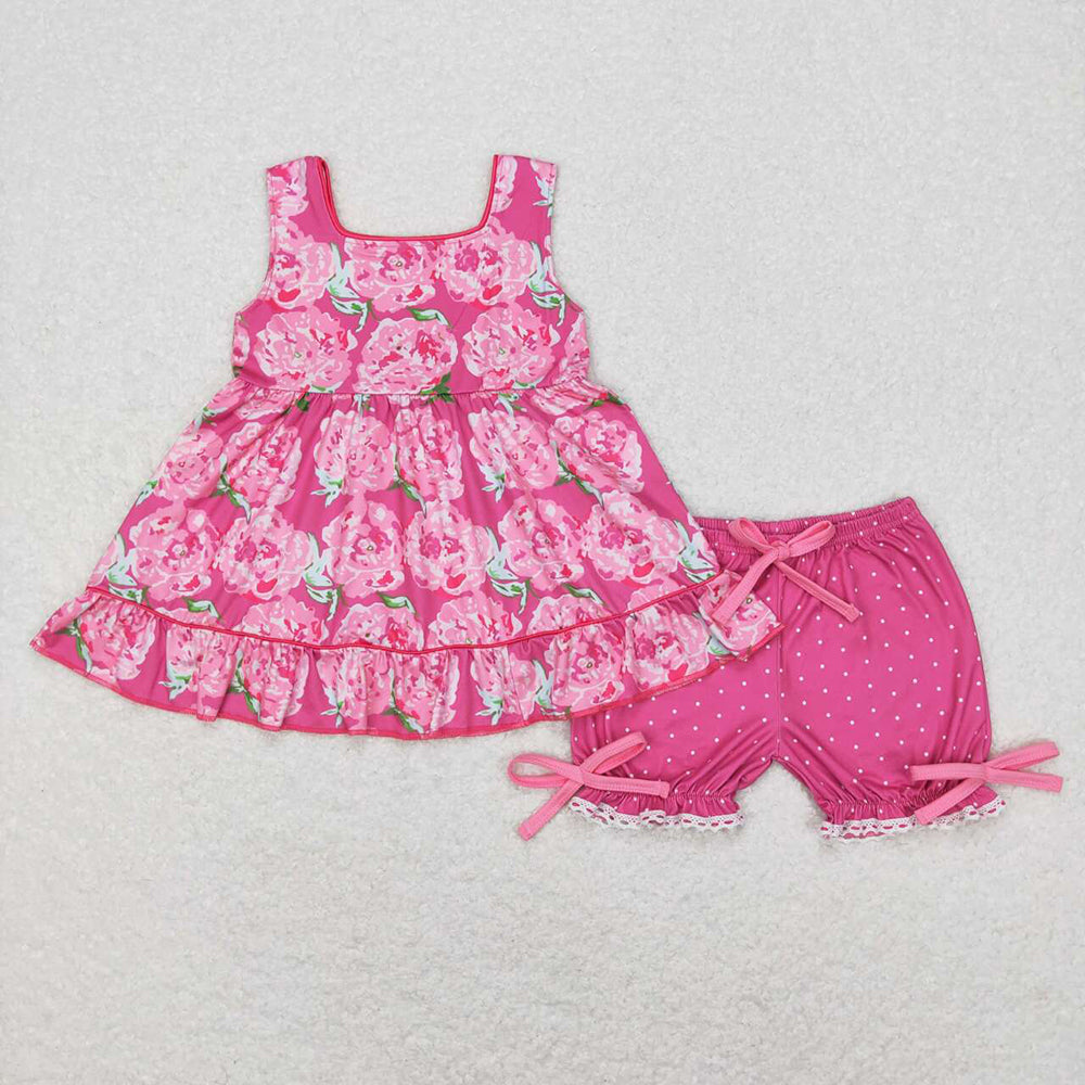 Baby Girls Pink Flowers Ruffle Tunic Shorts Clothes Sets