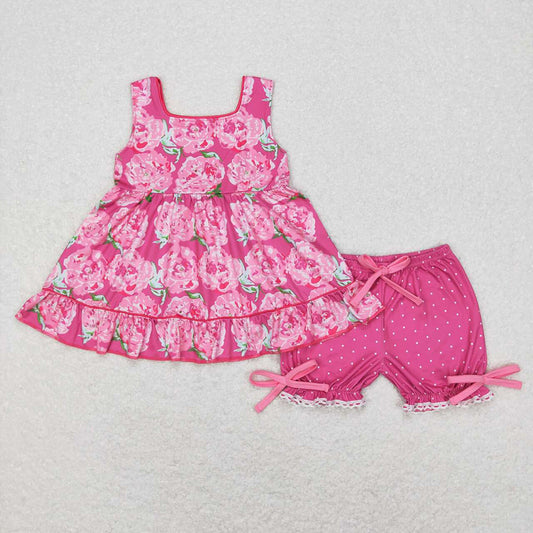 Baby Girls Pink Flowers Ruffle Tunic Shorts Clothes Sets