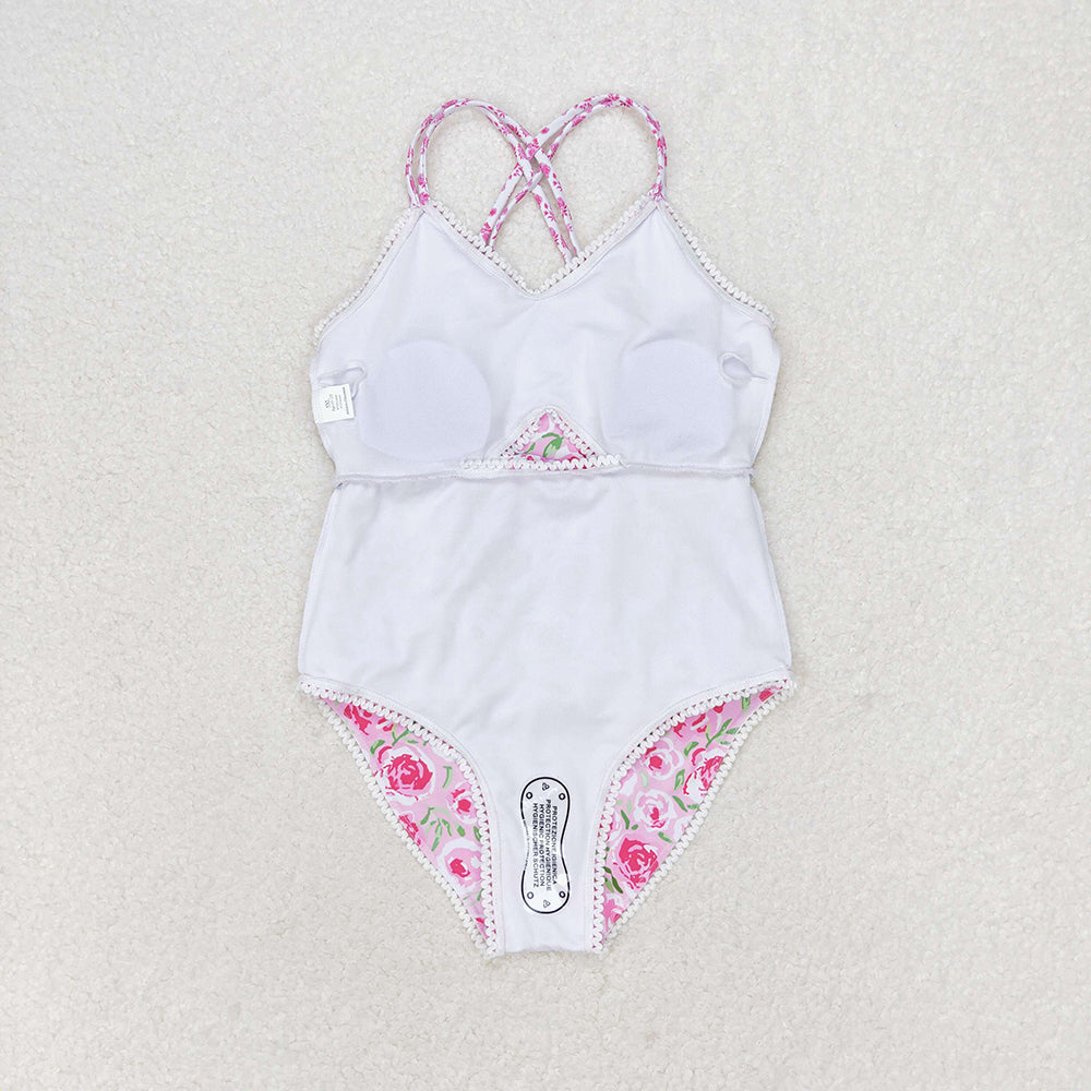 Baby Girls Pink Rose Flowers Ruffle One Piece Swimsuits