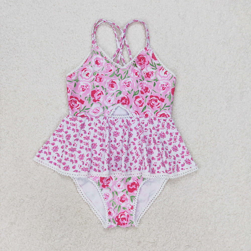 Baby Girls Pink Rose Flowers Ruffle One Piece Swimsuits