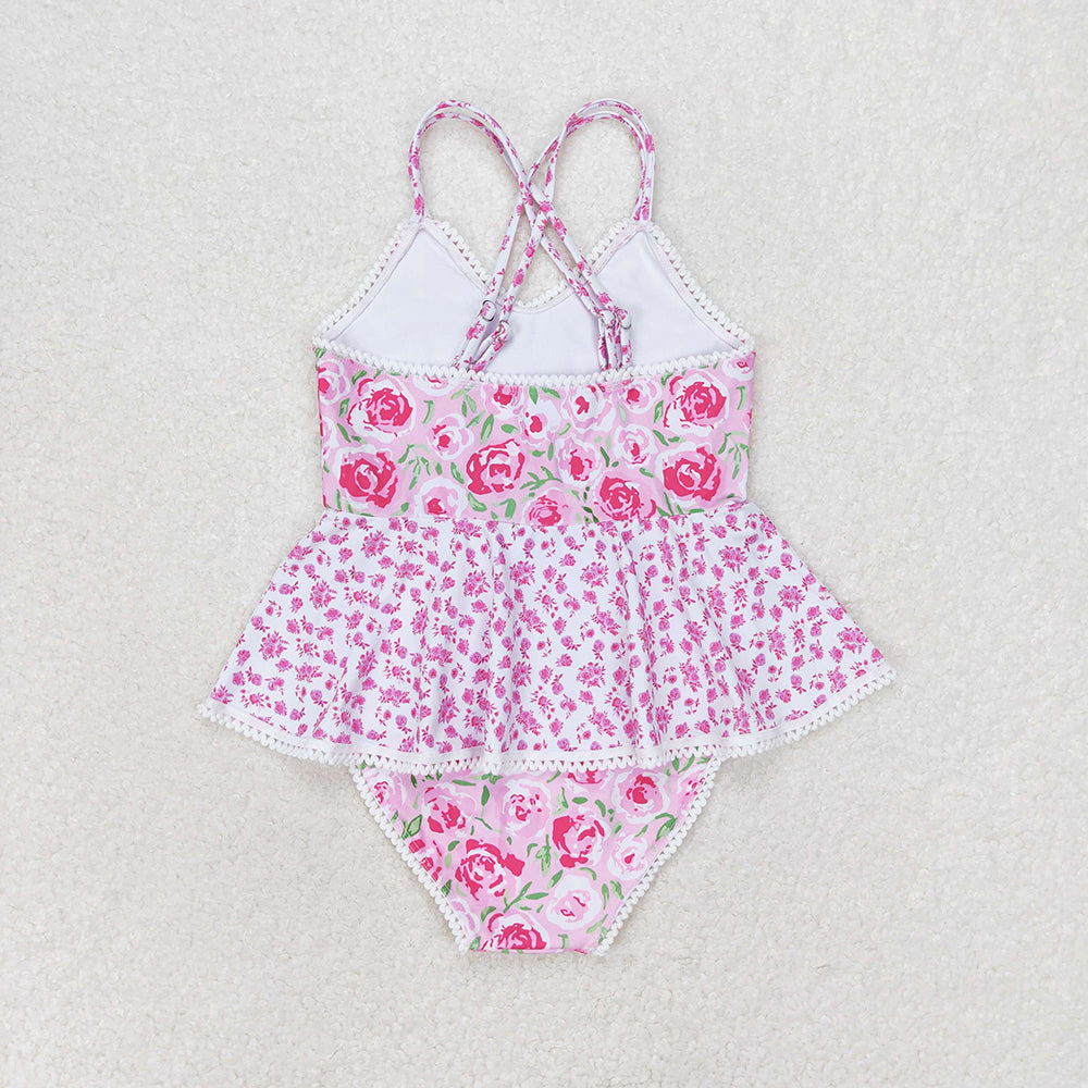 Baby Girls Pink Rose Flowers Ruffle One Piece Swimsuits