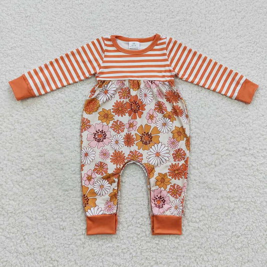 Baby Girls Orange Floral Stripes Rompers