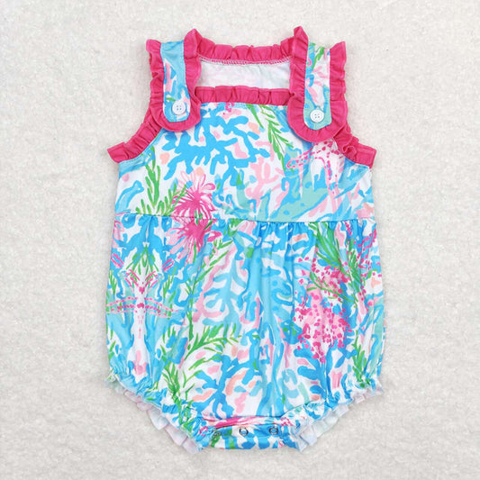 Baby Girls Water Flowers Blue Pink Summer Straps Rompers