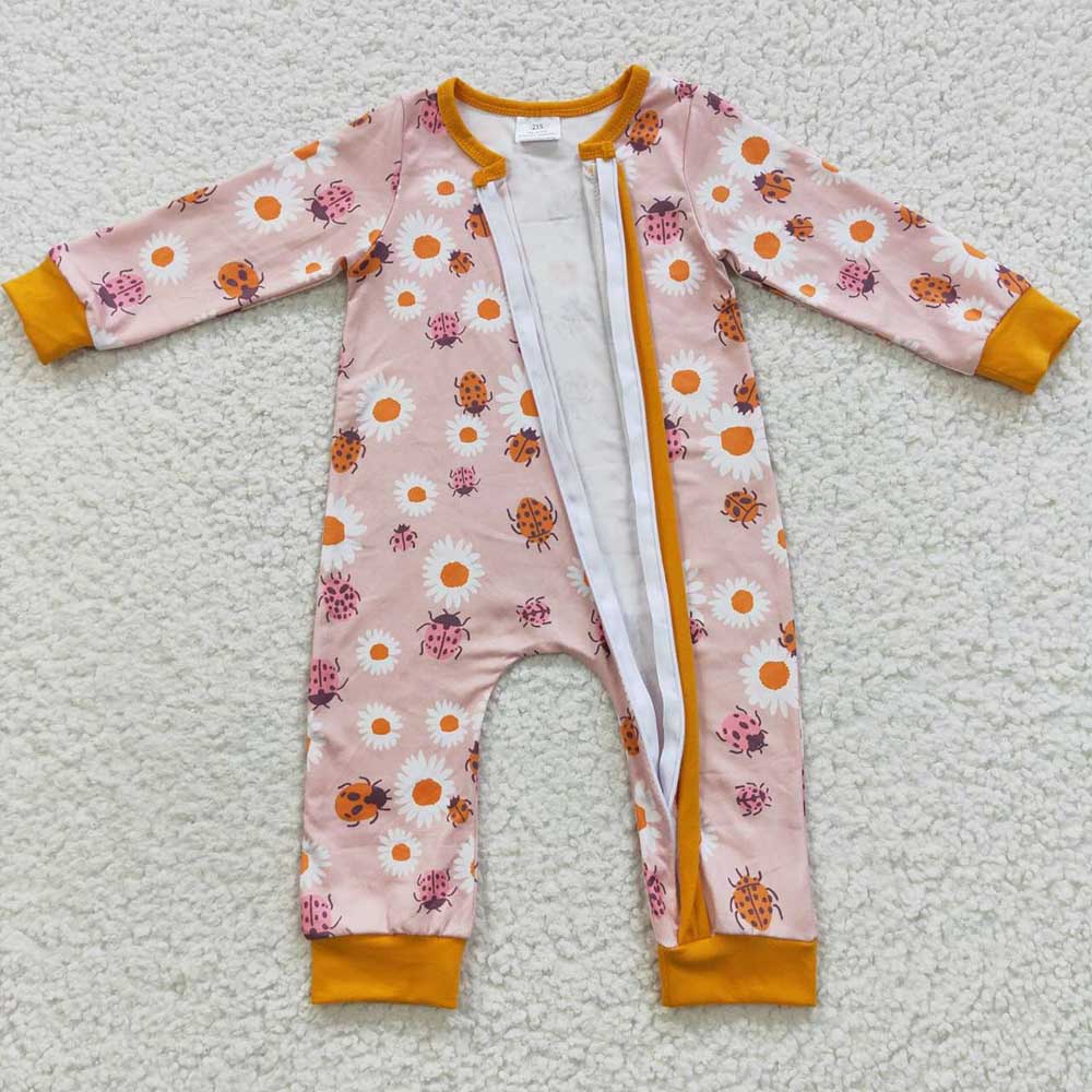 Baby Girls Orange Flowers Zip Rompers