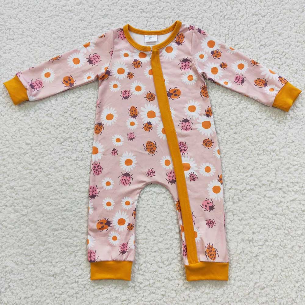 Baby Girls Orange Flowers Zip Rompers