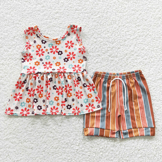 Baby Girls Flowers Tunic Stripe Shorts Clothes Sets