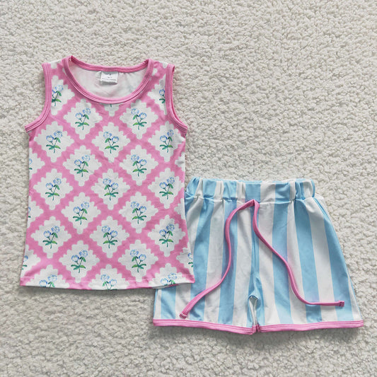 Baby Girls Sleeveless Shirt Flowers Stripes Shorts Sets