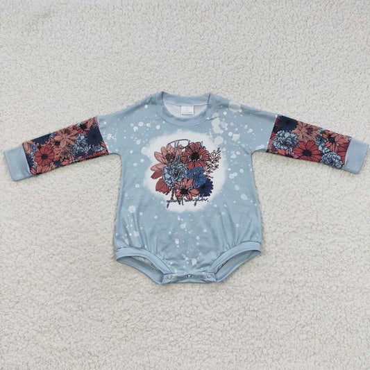 Baby Girls Blue Flowers Bleached Rompers