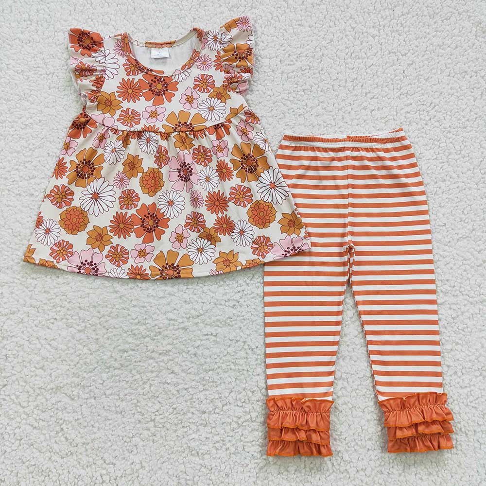 Baby Girls Orange Flowers Stripes Pants Clothes Sets