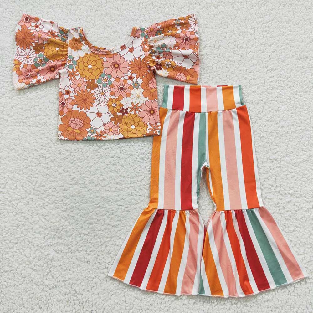 Baby Girls Western Flowers Top Stripes Bell Pants Clothing Sets