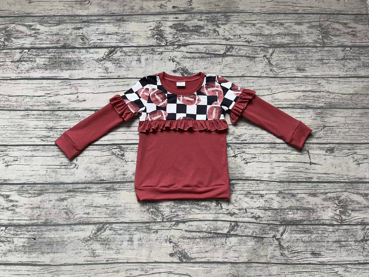 Baby Girls Football Black Checkered Long Sleeve Ruffle Tee Shirt Tops