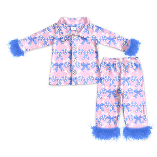 preorder(MOQ 5)Baby Girls Christmas Candy Cane Purple Fur Top Pants Pajamas