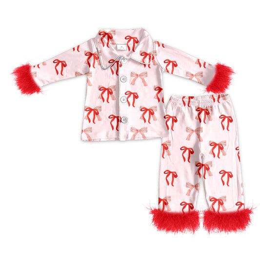 preorder(MOQ 5)Baby Girls Christmas Red Bows Fur Top Pants Pajamas