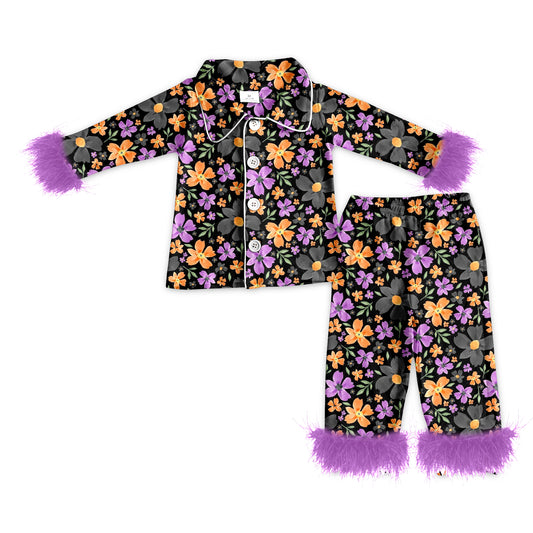 preorder(MOQ 5)Baby Girls Halloween Purple Flowers Fur Top Pants Pajamas