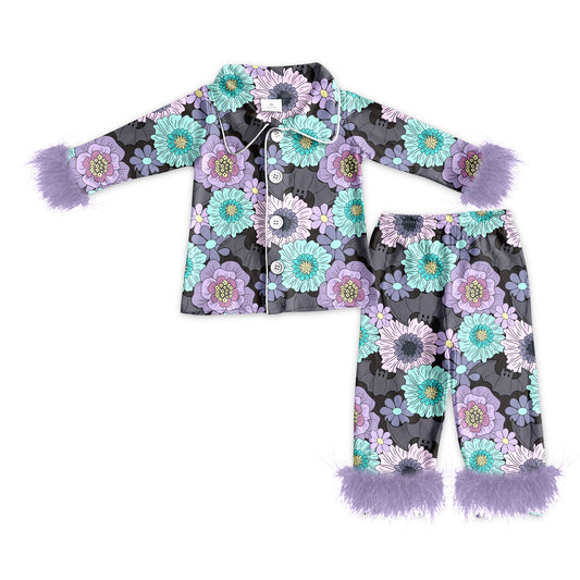 preorder(MOQ 5)Baby Girls Halloween Blue Flowers Fur Top Pants Pajamas