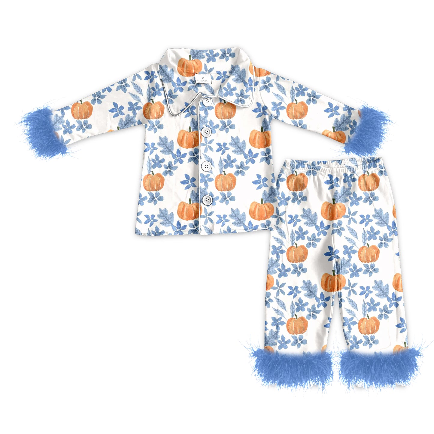 preorder(MOQ 5)Baby Girls Fall Pumpkin Blue Flowers Fur Top Pants Pajamas