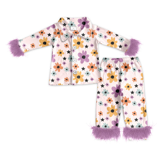 preorder(MOQ 5)Baby Girls Fall Purple Flowers Fur Top Pants Pajamas