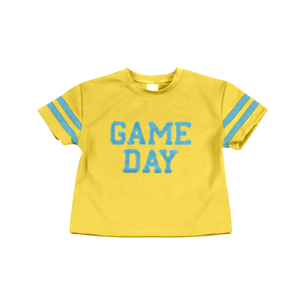 Preorder (moq 5)Baby Girls Yellow Game Day Team Cheer Short Sleeve Sports Shirts Tops