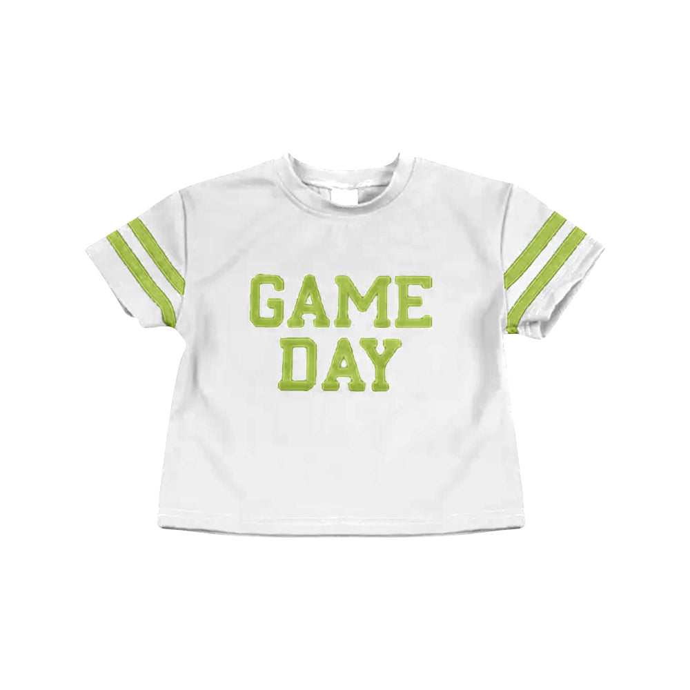 Preorder (moq 5)Baby Girls Green Game Day Team Cheer Short Sleeve Sports Shirts Tops
