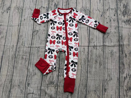 Preorder(moq 5)Baby Girls Red Georgia Bows Zipper Footie Rompers