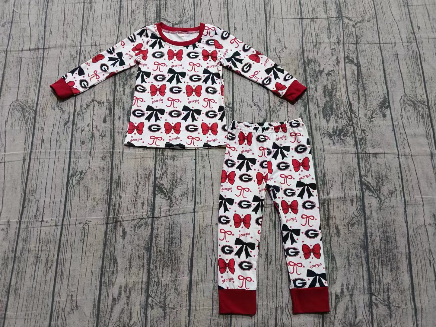 Preorder (moq 5)Baby Girls Red Georgia Team Bows Top Pants Pajamas Sets