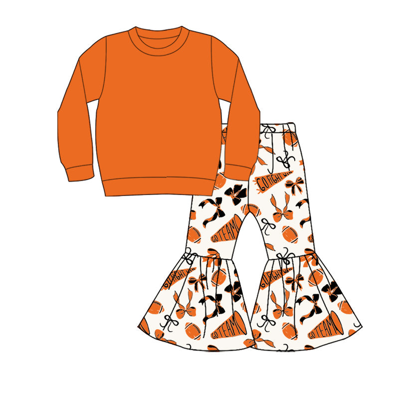 Preorder (moq 5)Baby Girls Orange Top Team Cheer Go Fight With Flag Bows Bell Bottom Pants Sets