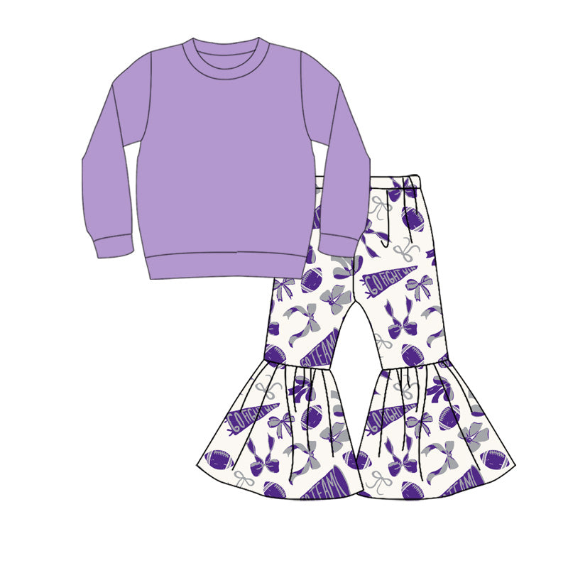 Preorder (moq 5)Baby Girls Lavender Top Team Cheer Go Fight With Flag Bows Bell Bottom Pants Sets
