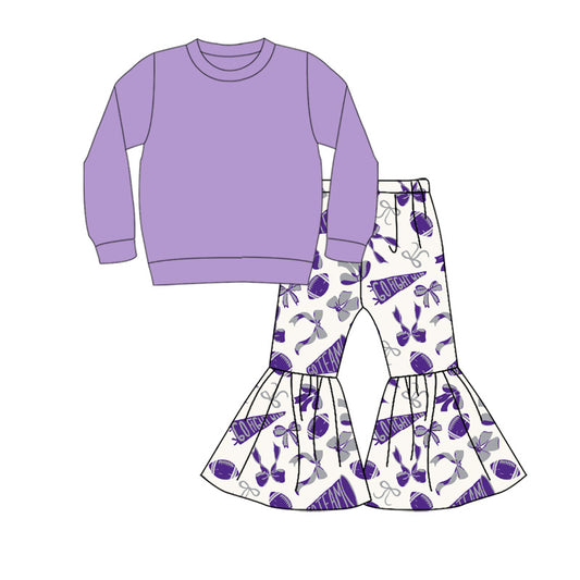 Preorder (moq 5)Baby Girls Lavender Top Team Cheer Go Fight With Flag Bows Bell Bottom Pants Sets