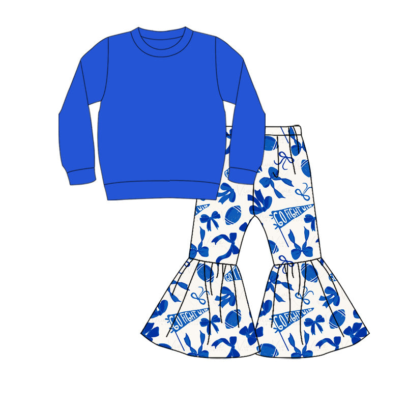 Preorder (moq 5)Baby Girls Blue Top Team Cheer Go Fight With Flag Bows Bell Bottom Pants Sets