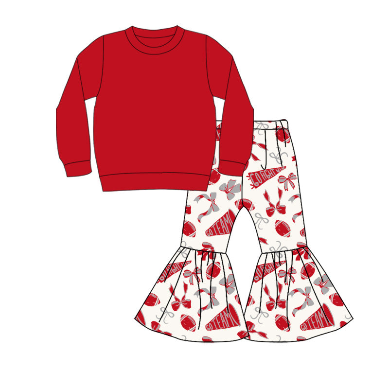 Preorder (moq 5)Baby Girls Red Top Team Cheer Go Fight With Flag Bows Bell Bottom Pants Sets