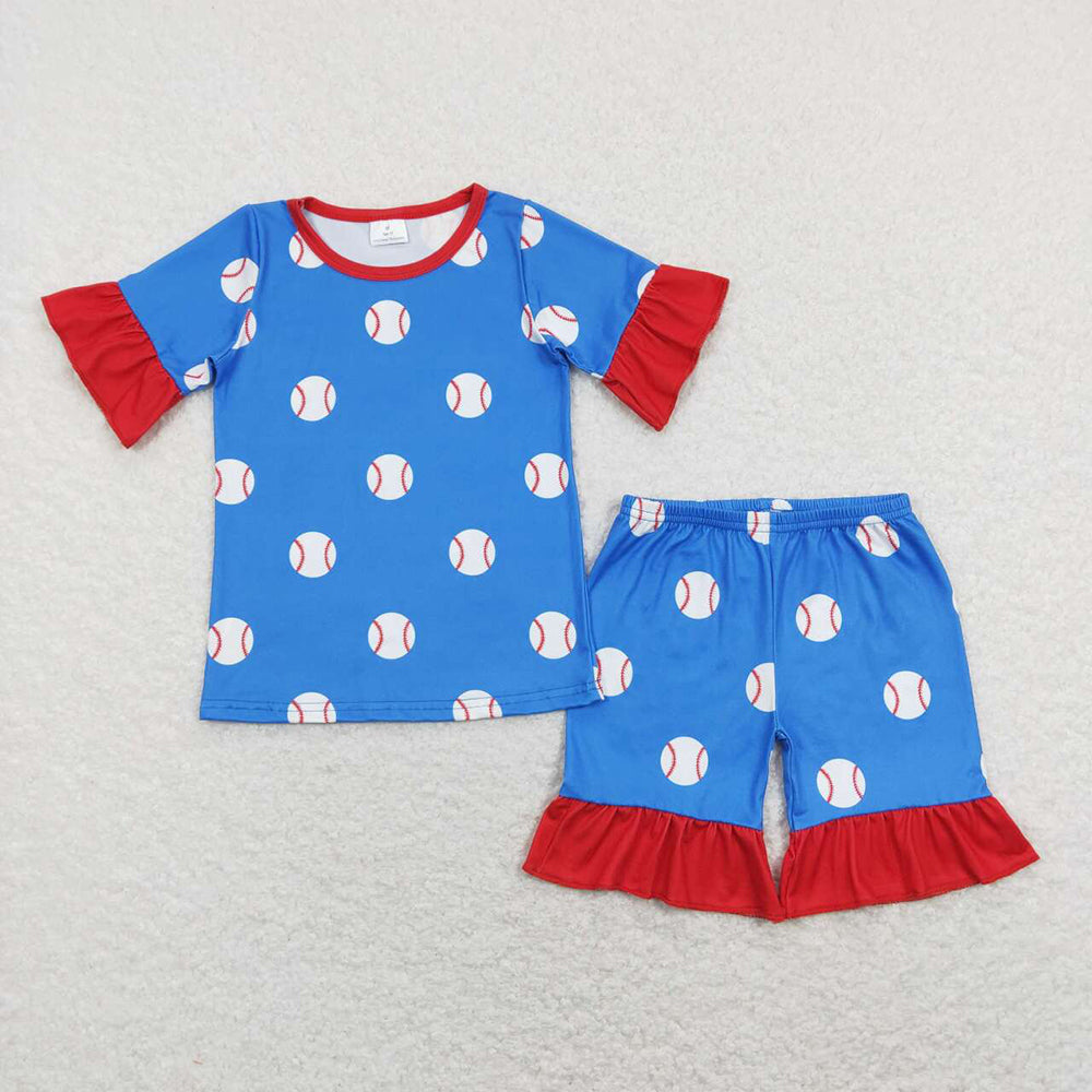 Baby Girls Blue Baseball Ruffle Tee Tops Shorts Pajamas Clothing Sets