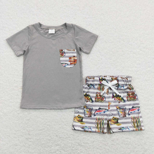 Baby Boys Grey Pocket Tee Top Fishing Outfits Clothes Sets