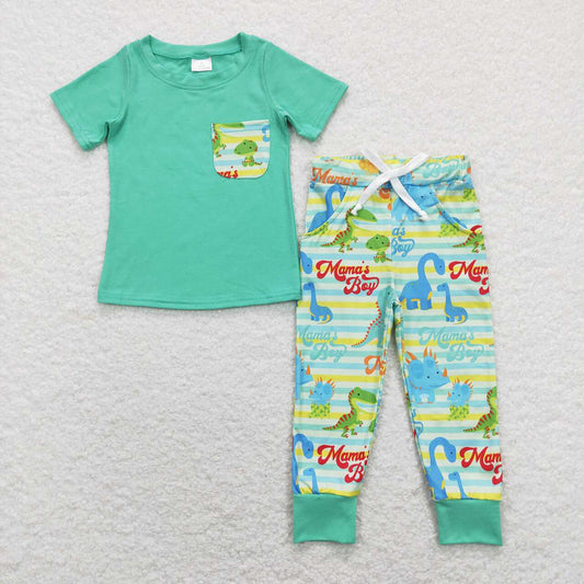 Baby Boys Mama's Boy Pocket Tee Shirt Top Dinosaurs Pants Clothes Sets