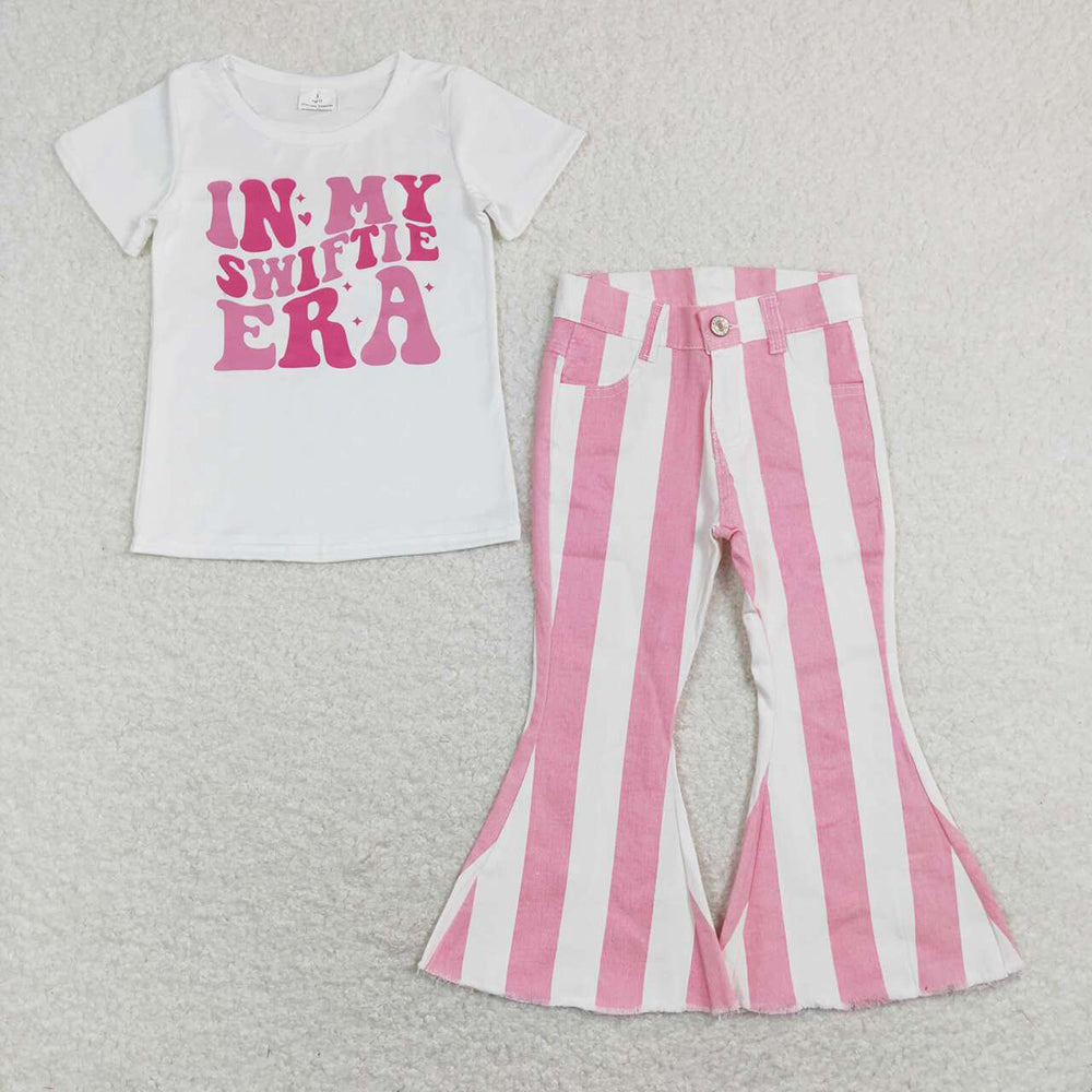 Baby Girls Singer Short Sleeve Shirt Pink Stripes Bell Denim Jeans Pants Clothes Sets