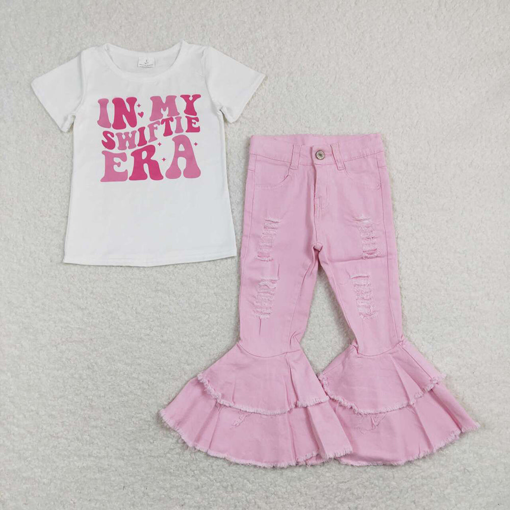 Baby Girls Singer Short Sleeve Shirt Pink Ruffle Bell Denim Jeans Pants Clothes Sets