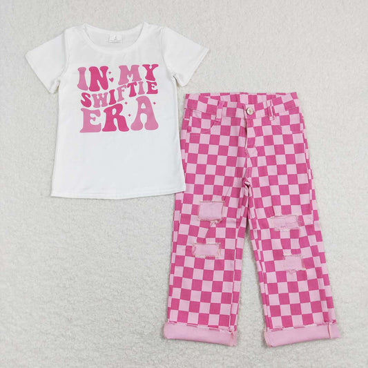 Baby Girls Singer Short Sleeve Shirt Pink Checkered Denim Jeans Pants Clothes Sets