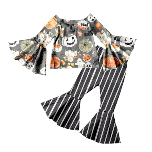 Baby Girls Pumpkin Long Sleeve Tee Stripe Bell Pants Clothes Sets preorder(moq 5)