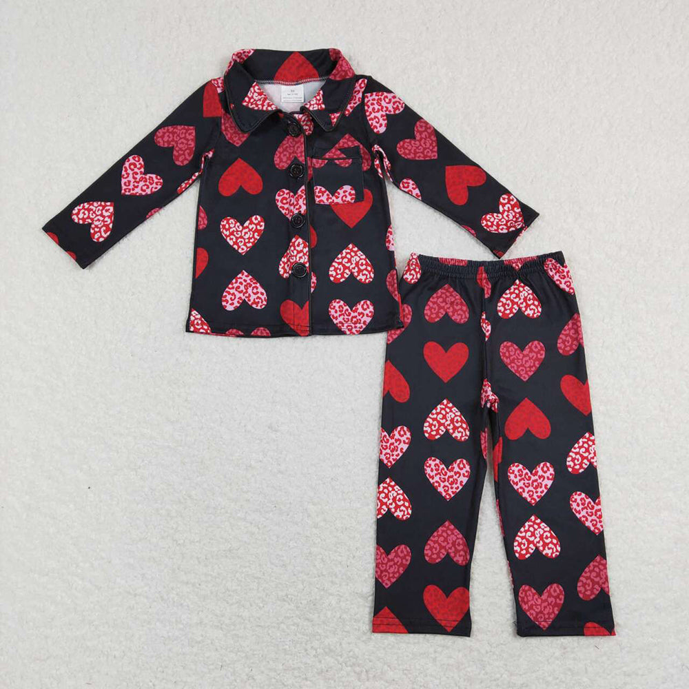 Baby Girls Valentines Black Red Hearts Buttons Shirts Pants Pajamas Clothes Sets