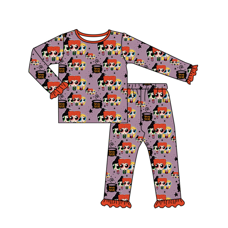 Baby Girls Halloween Cartoon Purple Witches Ruffle Pajamas Sets preorder(moq 5)