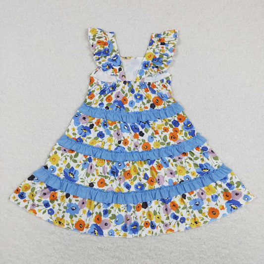 Baby Girls Blue Flowers Ruffle Knee Length Dresses